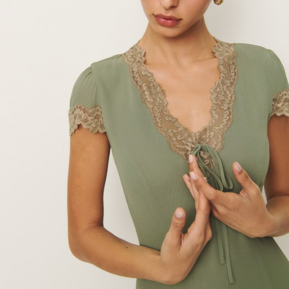NWT Reformation Tiffie Midi Dress Sz2 Artichoke Green Gold Lace - Picture 2 of 11